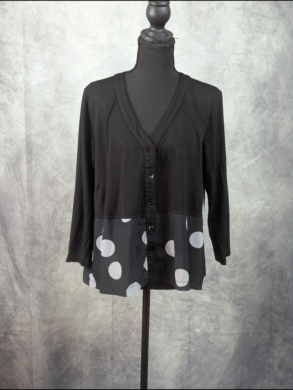 Black Polka Hem Button-Front Cardigan with V-Neck